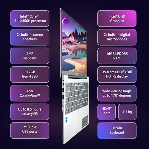 acer Aspire Lite, 12th gen, Intel Core i5-12450H Processor, 16 GB, 512GB, 15.6"/39.62 cm, Windows 11 Home, MSO, Pure Silver, 1.70 kg, AL15-52H, Backlit Keyboard - Image 9