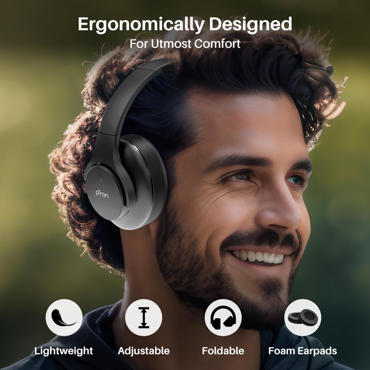 pTron Studio Urban 35dB Active Noise Cancellation Bluetooth Wireless Over Ear Headphones with Mic, 72Hrs Playtime, 40mm Bass Drivers, TruTalk AI-ENC Calls,40ms Low Latency Gaming, Foldable Cups(Black) - Image 3