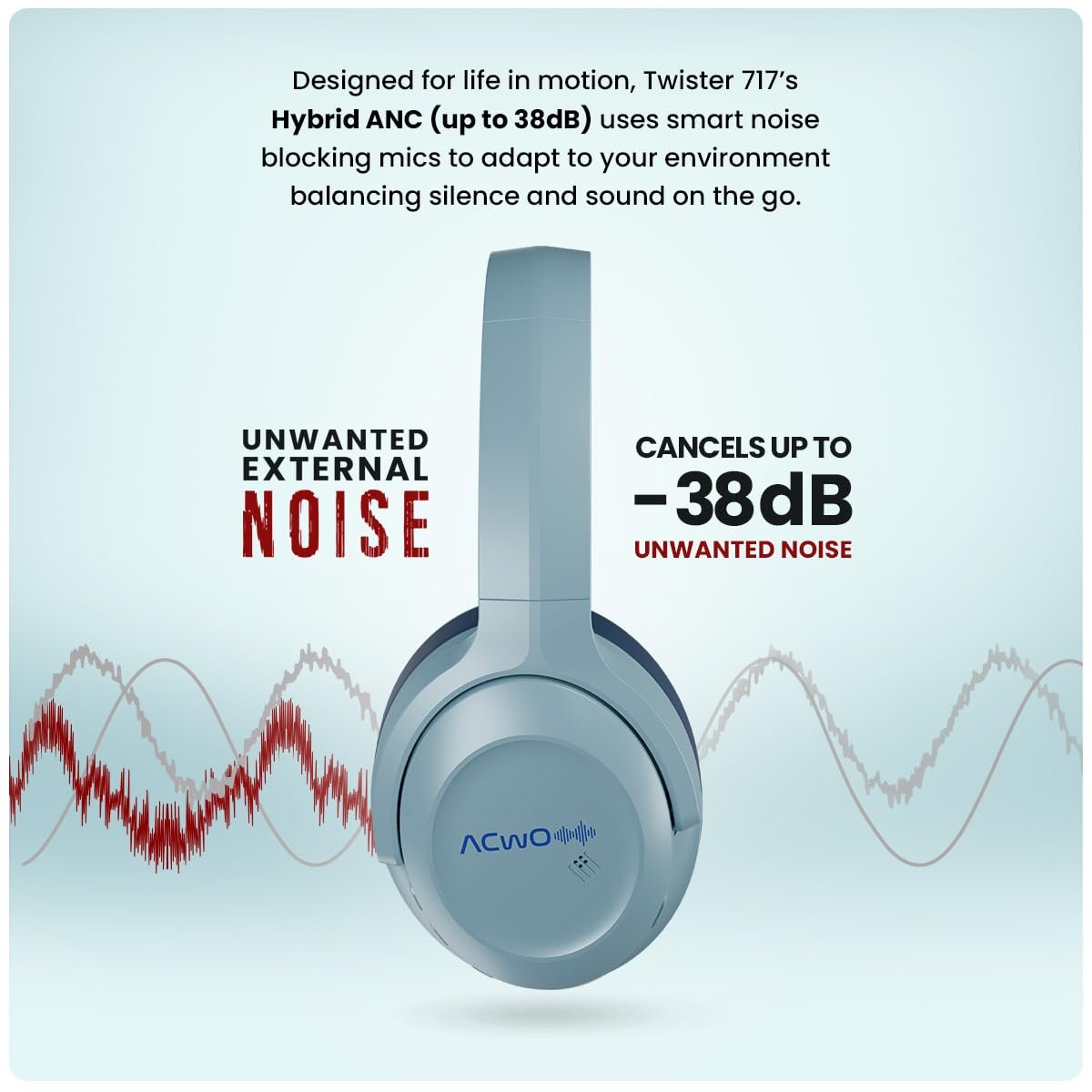 ACwO Twister 717 | Hybrid ANC up to 38dB | X- Fidelity Acoustics | Bass BooMX™ 40mm Drivers | Dual EQ Modes: Gaming & Cinematic | Up to 55 Hours Music Playtime (ANC Off) - Steel Blue - Image 8