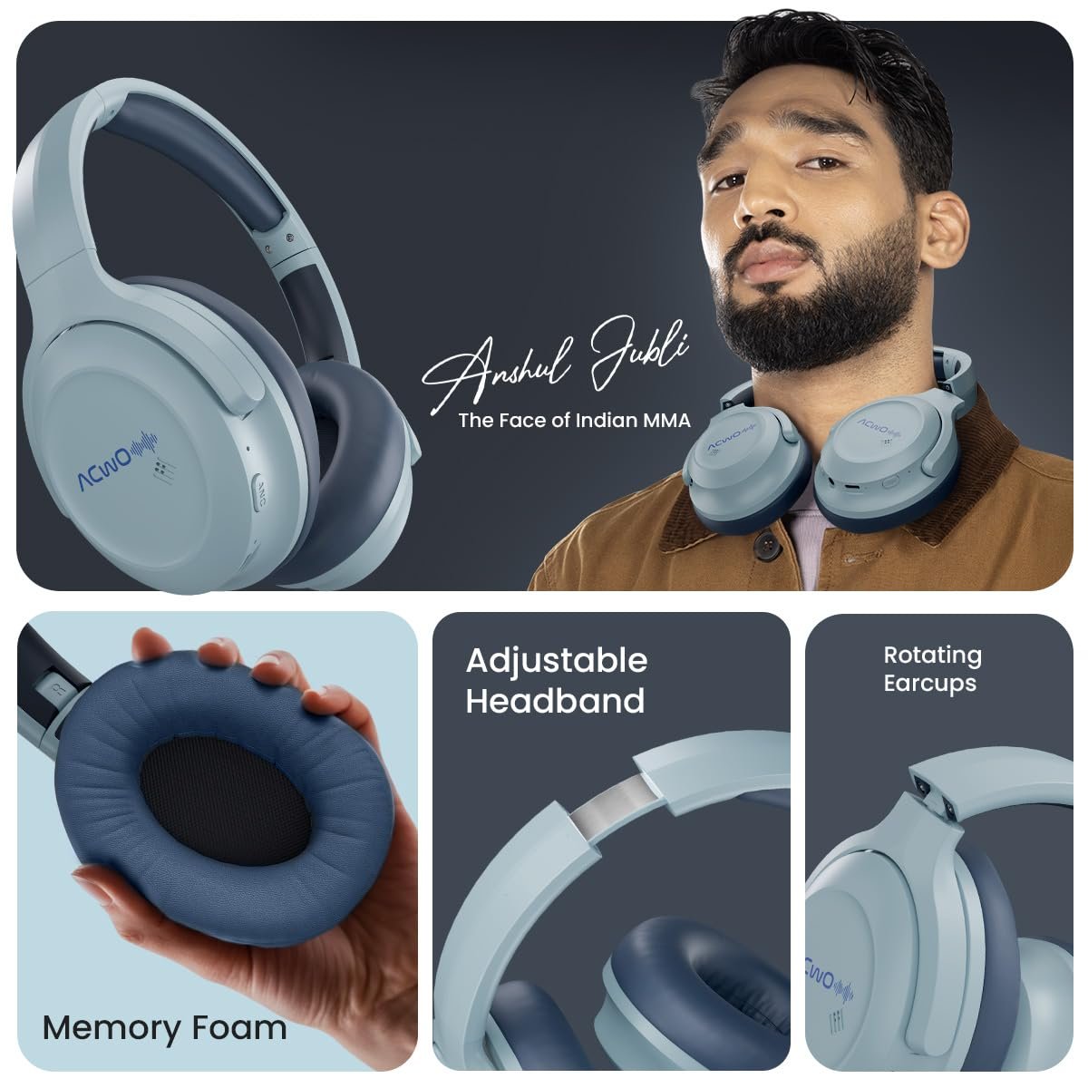 ACwO Twister 717 | Hybrid ANC up to 38dB | X- Fidelity Acoustics | Bass BooMX™ 40mm Drivers | Dual EQ Modes: Gaming & Cinematic | Up to 55 Hours Music Playtime (ANC Off) - Steel Blue - Image 3