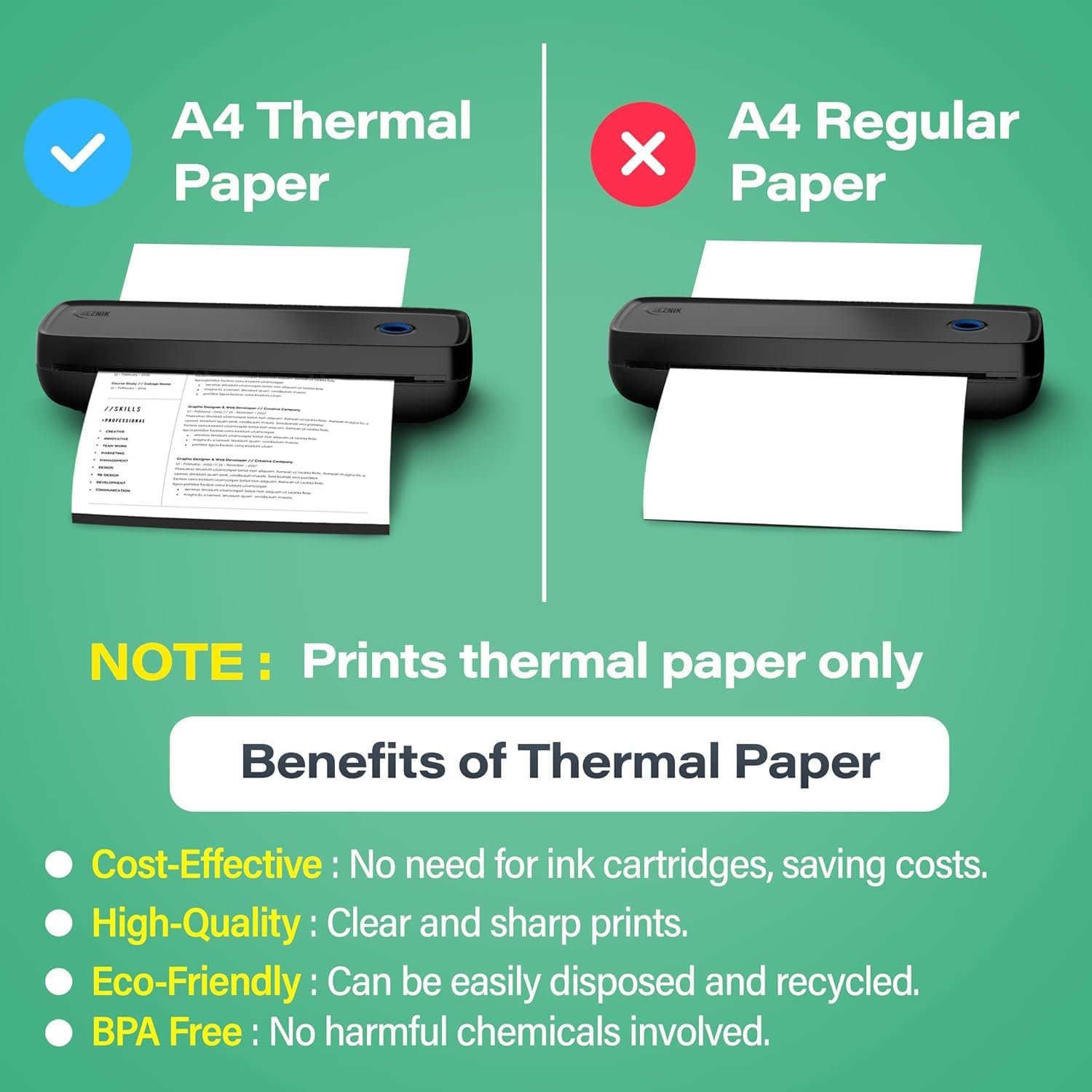 SEZNIK Portable A4 Printer, Bluetooth, Inkless for Professionals,Travel | Mini Printer | USB, Bluetooth Printer Compatible with Android iOS Laptop | 1 Year Warranty (Pro-HD304dpi-Black) - Image 2