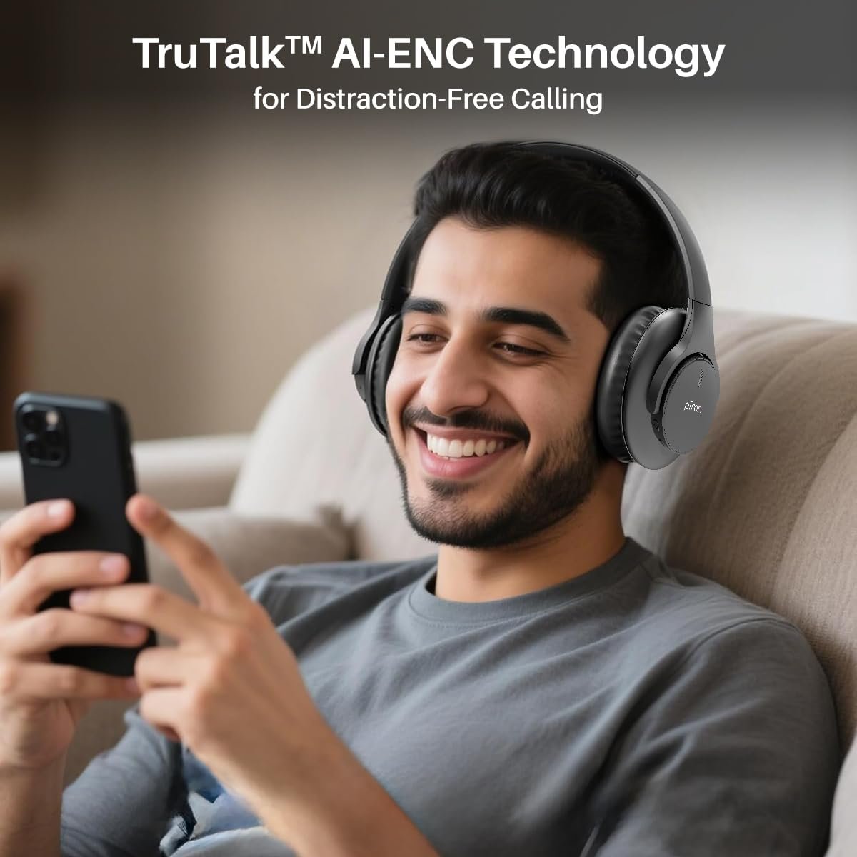 pTron Studio Urban 35dB Active Noise Cancellation Bluetooth Wireless Over Ear Headphones with Mic, 72Hrs Playtime, 40mm Bass Drivers, TruTalk AI-ENC Calls,40ms Low Latency Gaming, Foldable Cups(Black) - Image 5