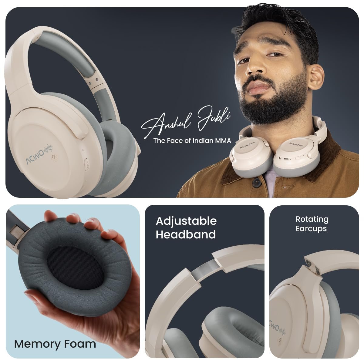 ACwO Twister 717 | Hybrid ANC up to 38dB | X- Fidelity Acoustics | Bass BooMX™ 40mm Drivers | Dual EQ Modes: Gaming & Cinematic | Up to 55 Hours Music Playtime (ANC Off) - Cool Grey - Image 3