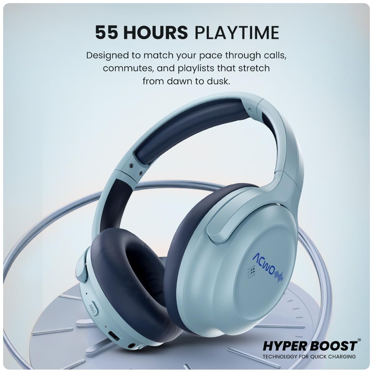 ACwO Twister 717 | Hybrid ANC up to 38dB | X- Fidelity Acoustics | Bass BooMX™ 40mm Drivers | Dual EQ Modes: Gaming & Cinematic | Up to 55 Hours Music Playtime (ANC Off) - Steel Blue - Image 4