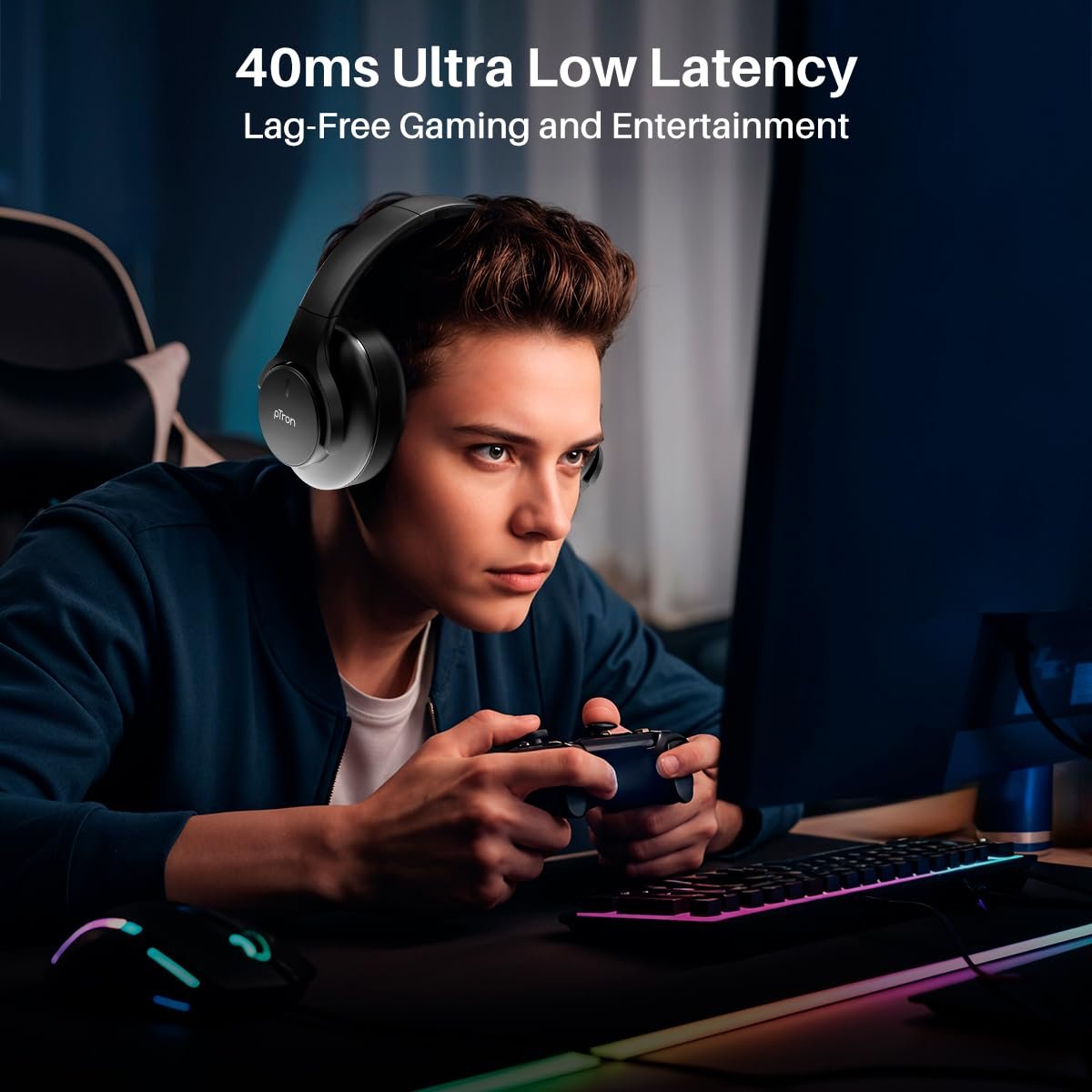 pTron Studio Urban 35dB Active Noise Cancellation Bluetooth Wireless Over Ear Headphones with Mic, 72Hrs Playtime, 40mm Bass Drivers, TruTalk AI-ENC Calls,40ms Low Latency Gaming, Foldable Cups(Black) - Image 6