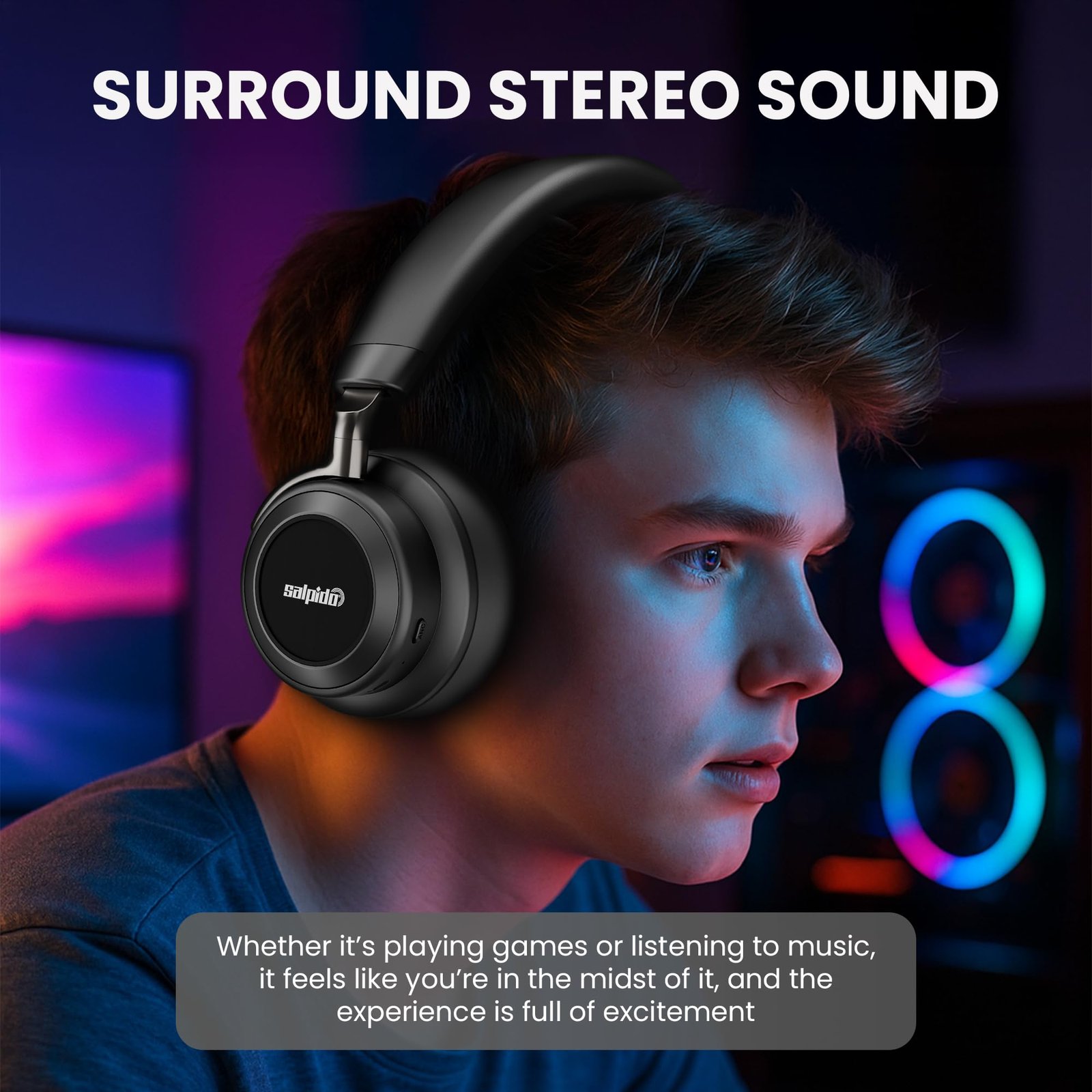 Salpido Luxe Wave NB02 On - Ear Wireless Bluetooth Headphones with ANC, Bluetooth 5.4, 50H Playtime, Surround Stereo Sound, 3.5mm Wired Jack Support, Design for Work, Travel and Music, (Black) - Image 4