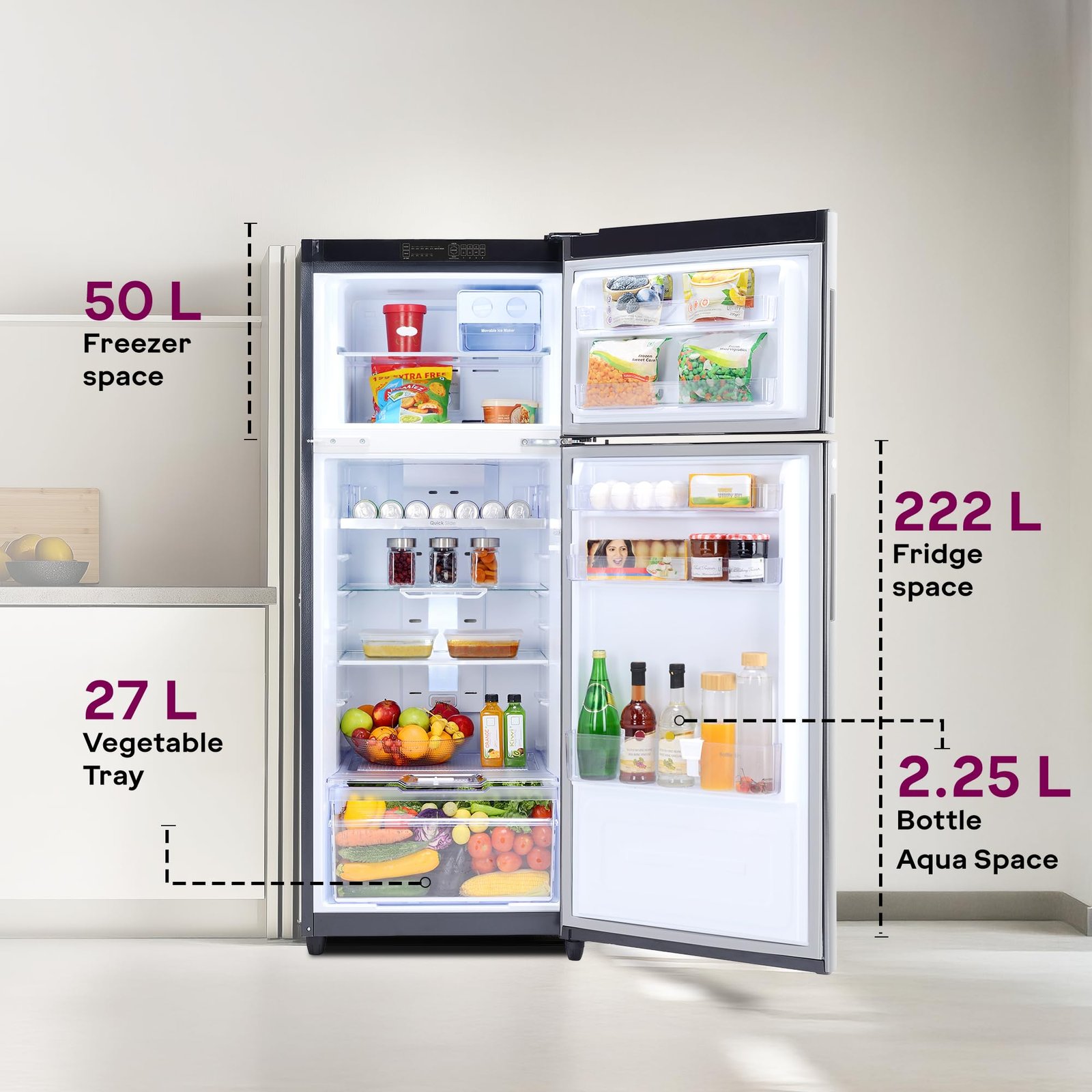 Godrej 272 L 3 Star 4-In-1 Convertible Technology | 30 days Farms Freshness | 95%+ Food Surface Disinfection | Inverter | Frost Free | Double Door Refrigerator (RF EON 294C RCIT FS ST, Fossil Steel) - Image 3