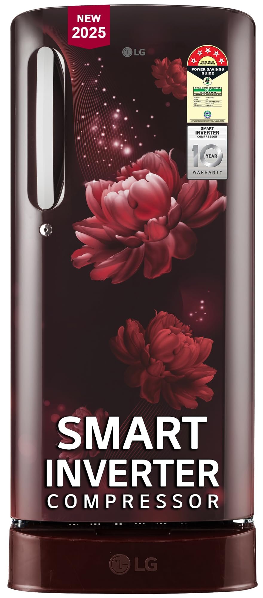 LG 185 L, 5 Star, Smart Inverter, Direct-Cool Single Door Refrigerator (GL-D201ASCU.BSCZEBN, Scarlet Charm, Base stand with drawer & Fast Ice Making)