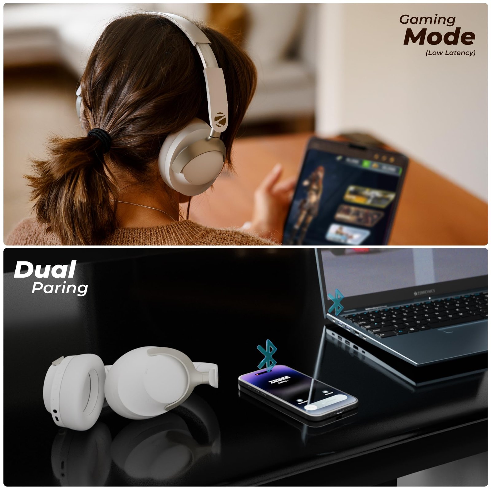 ZEBRONICS Silencio 111,Over Ear Wireless Headphone,Hybrid ANC (50dB),55*Hrs Backup,Transparency Mode,40mm Titanium Drivers,3 EQ Modes,ENC,Gaming Mode,Dual Pairing,Rapid Charge,Bluetooth v5.4 (White) - Image 3