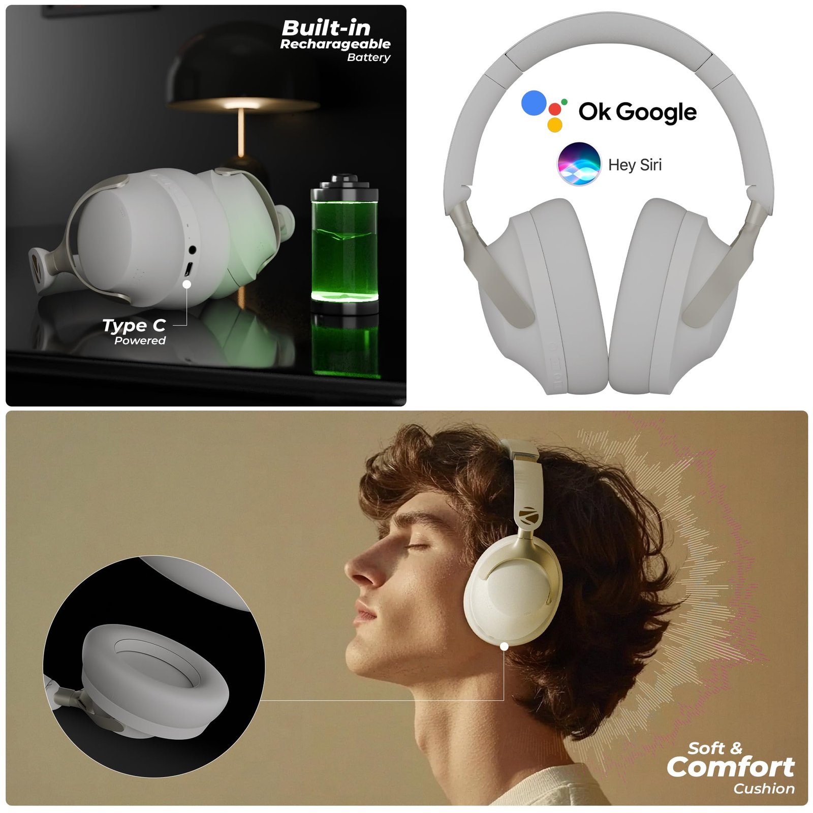 ZEBRONICS Silencio 111,Over Ear Wireless Headphone,Hybrid ANC (50dB),55*Hrs Backup,Transparency Mode,40mm Titanium Drivers,3 EQ Modes,ENC,Gaming Mode,Dual Pairing,Rapid Charge,Bluetooth v5.4 (White) - Image 2