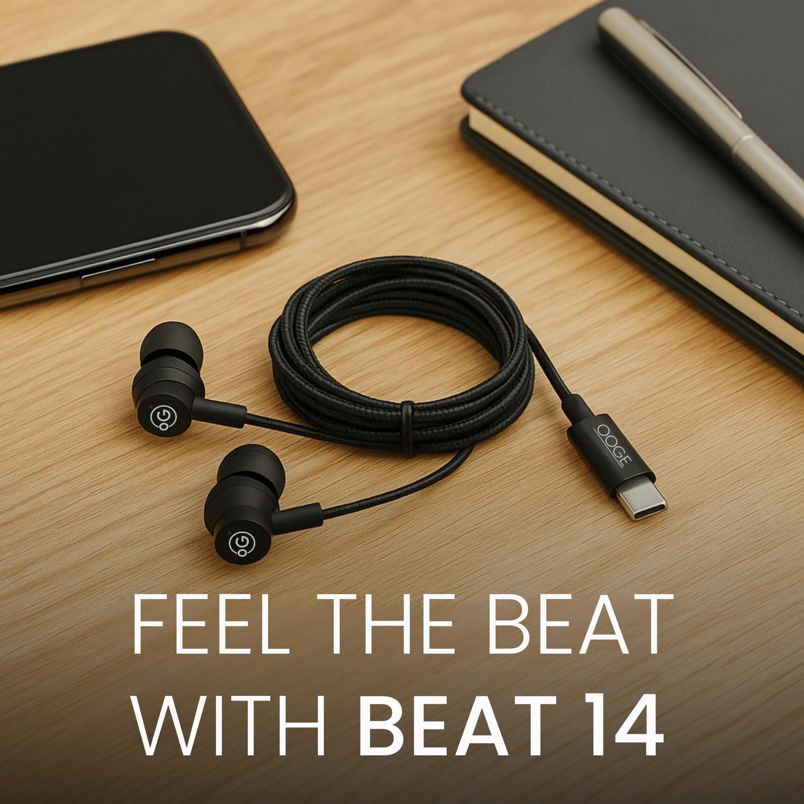 OOGE Beat 14 Type C in-Ear Earphones with Sound Pulse & Heavy Bass, Durable Wire, All-in-One IC, Universal Compatibility (Black) - Image 2