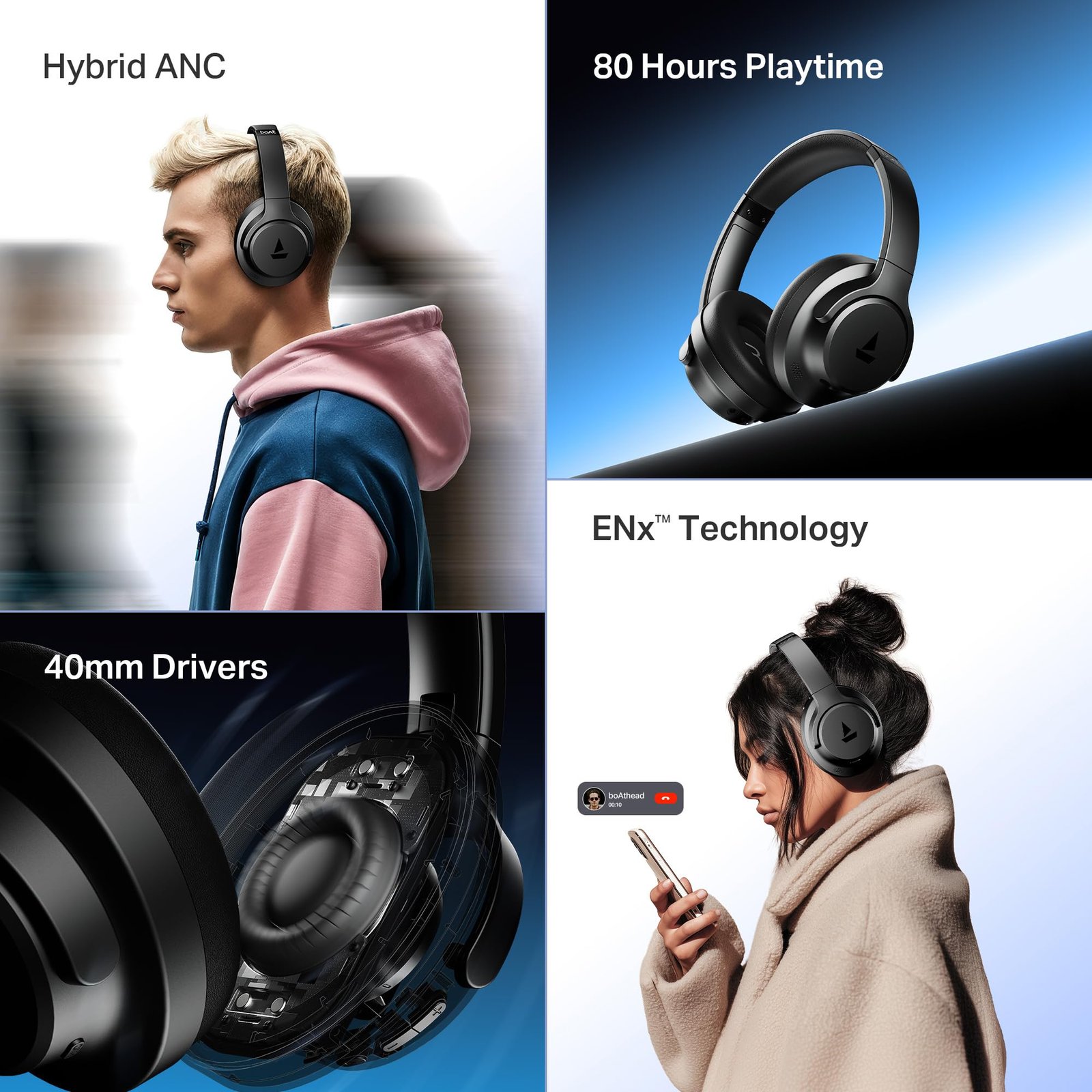 boAt Rockerz 512 ANC,(~40dB) Hybrid ANC, 80H Battery, 40mm Drivers, 40ms Low Latency, ENx Tech,Stream Ad Free Music via App Support, Bluetooth Headphones, Wireless Headphone with Mic (Cosmic Black) - Image 9
