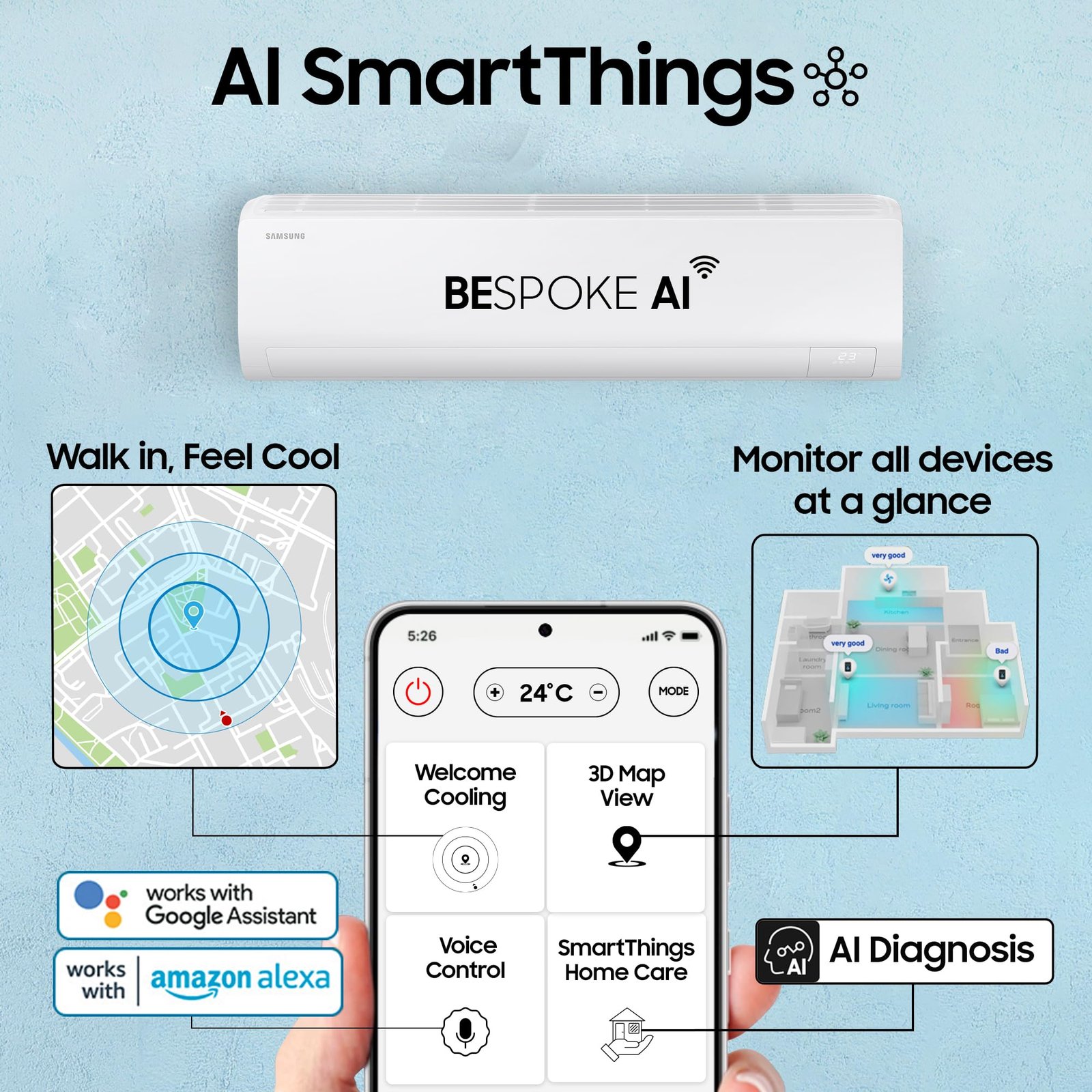 Samsung 2 Ton 3 Star AI Inverter Smart Split AC (BESPOKE AI, Energy Saving, Wi-Fi, Voice Control, Powerful Cooling, 100% Copper, 4 Way swing, Convertible 5in1, 2025 Model AR50F24D1XHNNA, White) - Image 6
