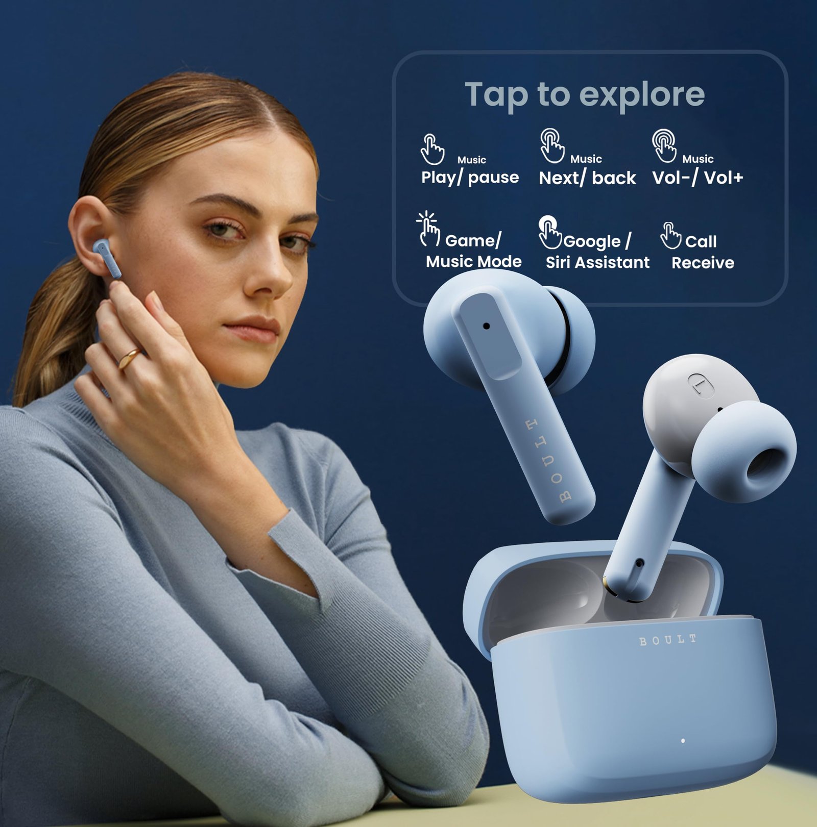 Boult GOBOULT (Formerly Z60 Made in India Ear Buds Wireless with 60H Playtime, 4 ENC Mics Clear Calling, 50ms Low Latency Gaming, 13mm Bass Driver Earbuds Bluetooth Wireless Earphones (Powder Blue) - Image 8