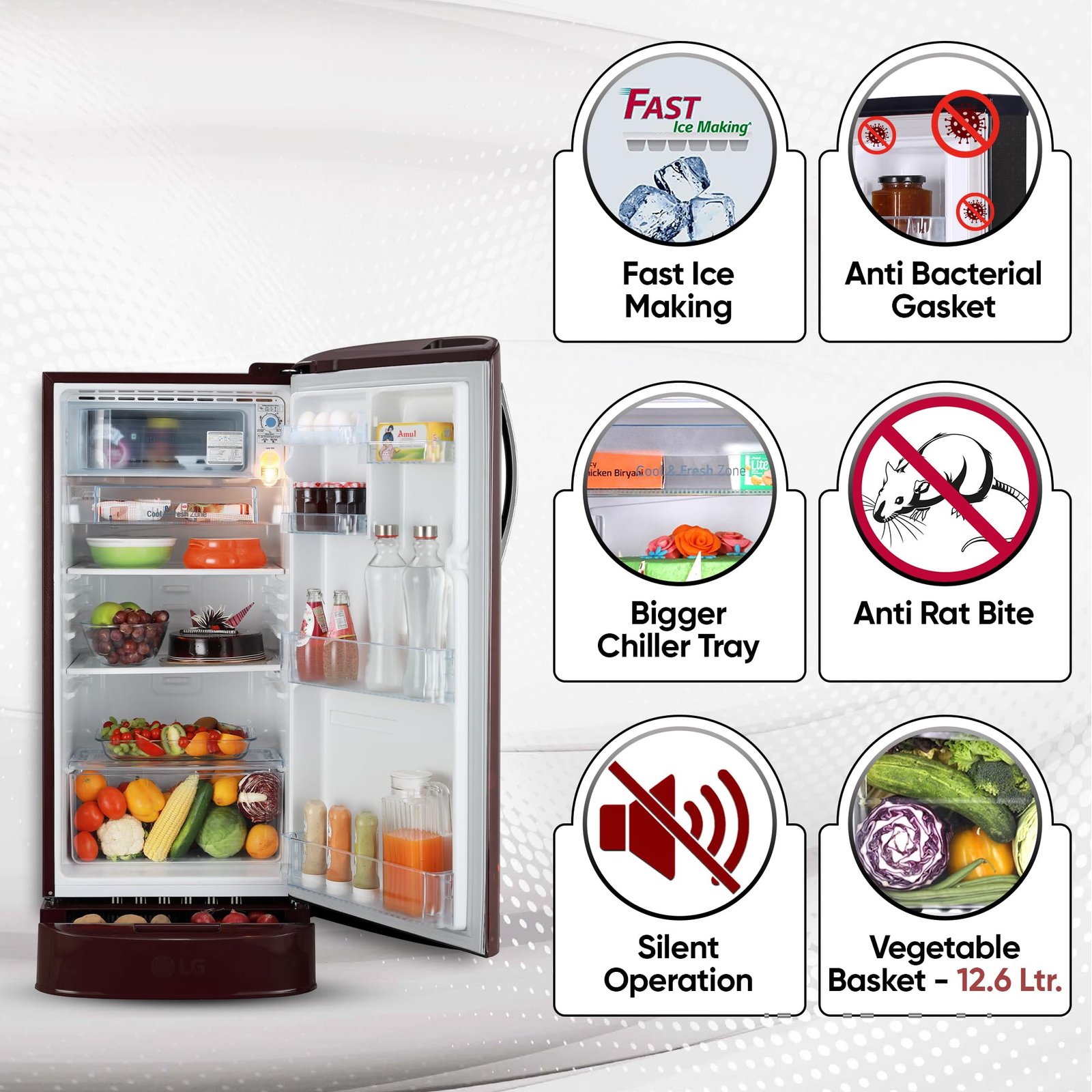 LG 185 L, 5 Star, Smart Inverter, Direct-Cool Single Door Refrigerator (GL-D201ASCU.BSCZEBN, Scarlet Charm, Base stand with drawer & Fast Ice Making) - Image 7