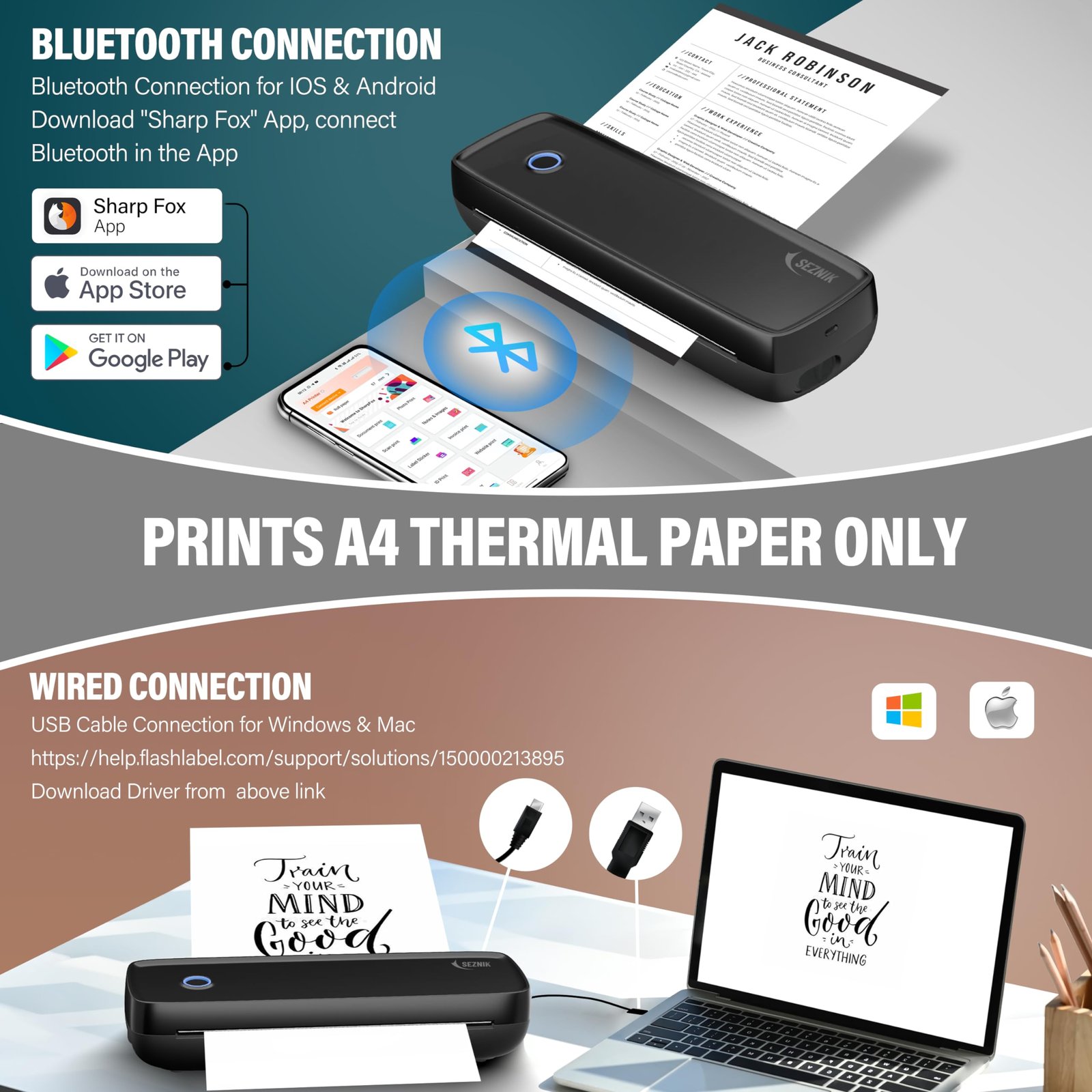 SEZNIK Portable A4 Printer, Bluetooth, Inkless for Professionals,Travel | Mini Printer | USB, Bluetooth Printer Compatible with Android iOS Laptop | 1 Year Warranty (Pro-HD304dpi-Black) - Image 7