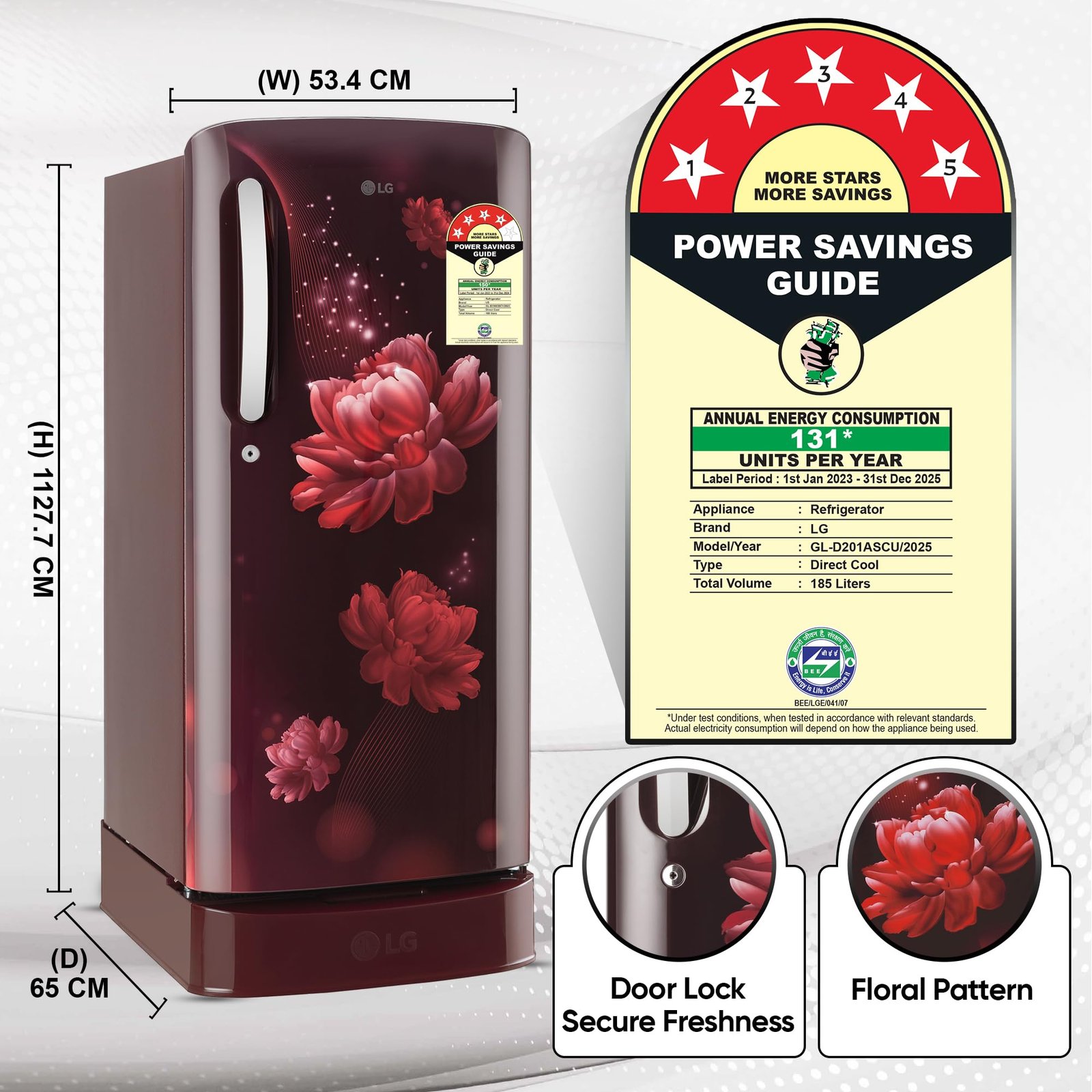 LG 185 L, 5 Star, Smart Inverter, Direct-Cool Single Door Refrigerator (GL-D201ASCU.BSCZEBN, Scarlet Charm, Base stand with drawer & Fast Ice Making) - Image 8