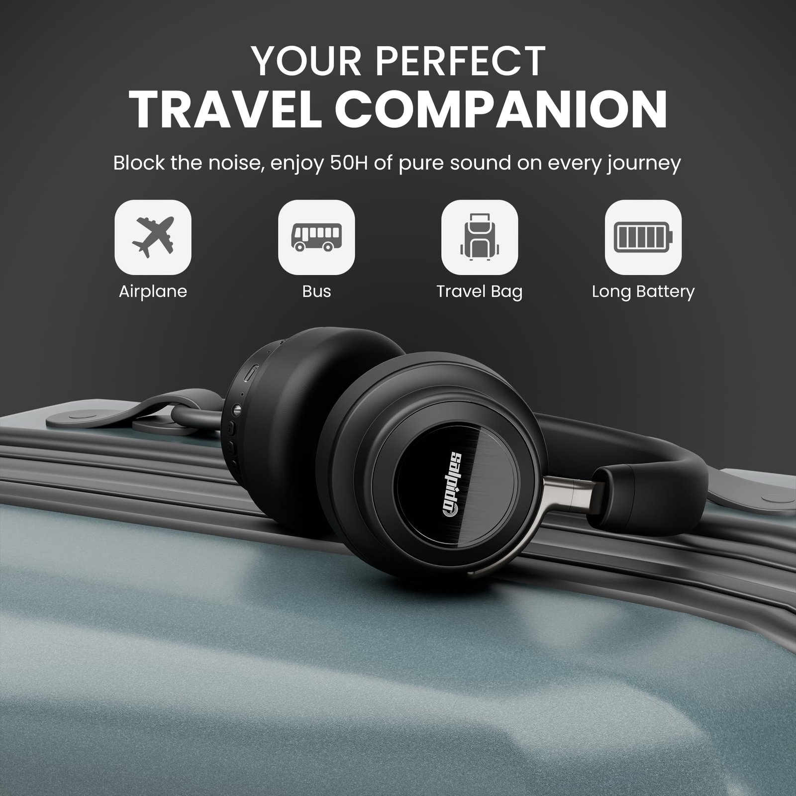 Salpido Luxe Wave NB02 On - Ear Wireless Bluetooth Headphones with ANC, Bluetooth 5.4, 50H Playtime, Surround Stereo Sound, 3.5mm Wired Jack Support, Design for Work, Travel and Music, (Black) - Image 3