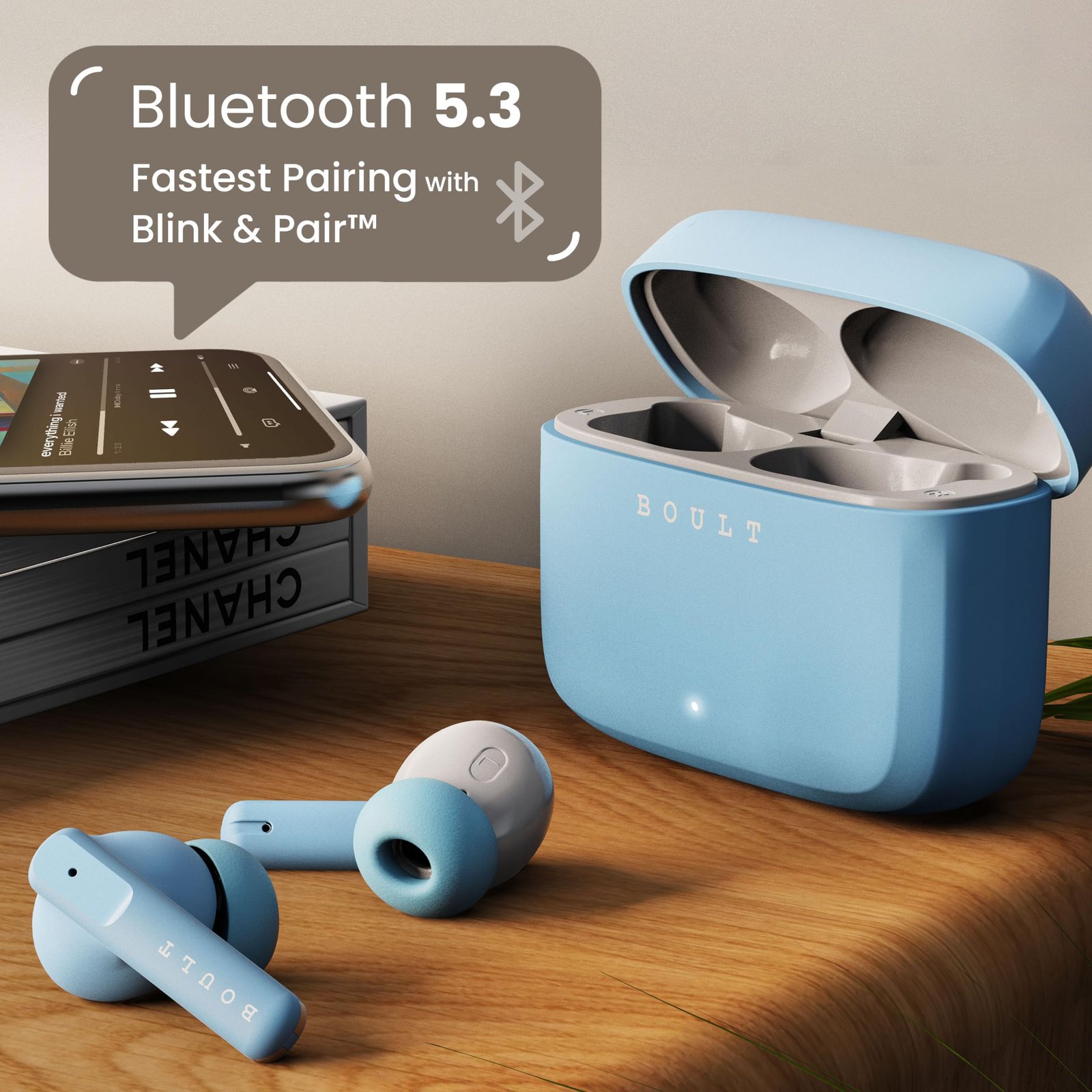 Boult GOBOULT (Formerly Z60 Made in India Ear Buds Wireless with 60H Playtime, 4 ENC Mics Clear Calling, 50ms Low Latency Gaming, 13mm Bass Driver Earbuds Bluetooth Wireless Earphones (Powder Blue) - Image 9