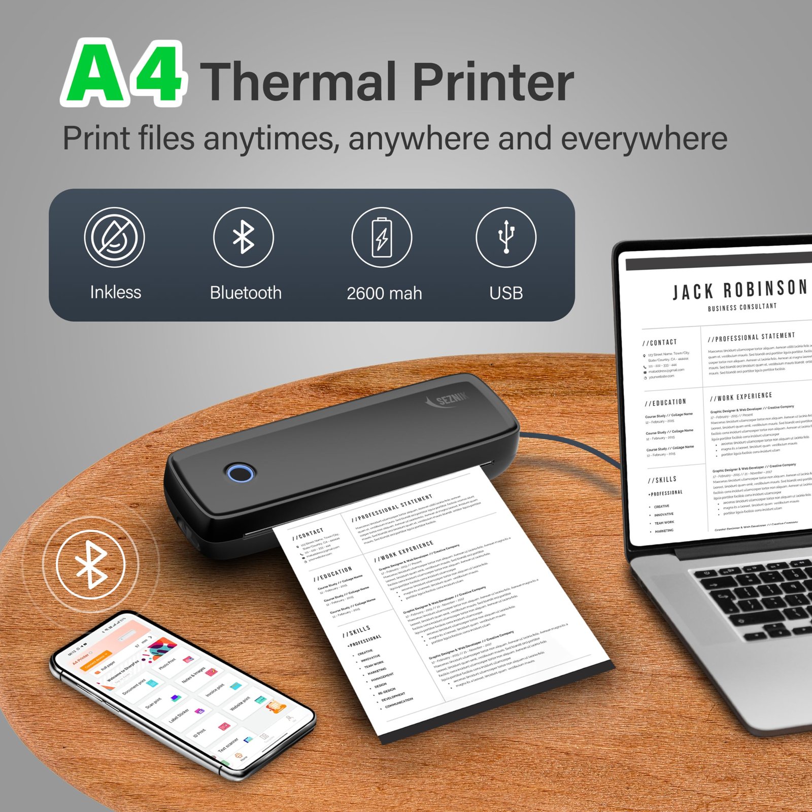 SEZNIK Portable A4 Printer, Bluetooth, Inkless for Professionals,Travel | Mini Printer | USB, Bluetooth Printer Compatible with Android iOS Laptop | 1 Year Warranty (Pro-HD304dpi-Black) - Image 3