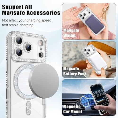 GoldKart Case for iPhone 17 Pro | Glitter Sparkling Diamonds Mobile Case Compatible with MagSafe | Luxury Flexible TPU Protective Case | Drop Protection Shockproof Cover for iPhone 17 Pro - Silver - Image 5