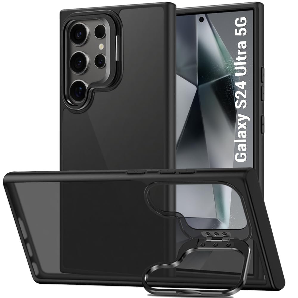 TheGiftKart Hybrid Shockproof Back Cover Case for Samsung Galaxy S24 Ultra 5G | Hard Case for Samsung S24 Ultra (PC & TPU, Built-in Stand, Translucent Smoke Matte Back, Black Sides)