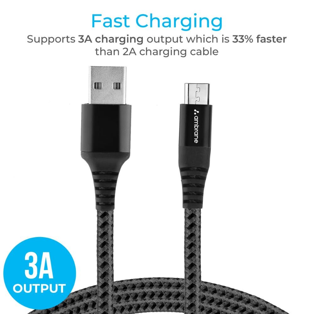 Ambrane Micro USB Cable 3A Fast Charging 1M Braided Cable for Smartphones, Tablets, Laptops & other Micro USB devices, 480Mbps Data Sync, Quick Charge 3.0 (RCM 10, Black) - Image 6