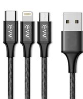 EVM 3in-1 Nylon Braided Smart Charging Cable for Android & iPhone - Micro USB, Type-C, 8 Pin(L) - Tangle-Free, 10,000+ Bend- Black - 1 Year Warranty (EVM-M3-Black)