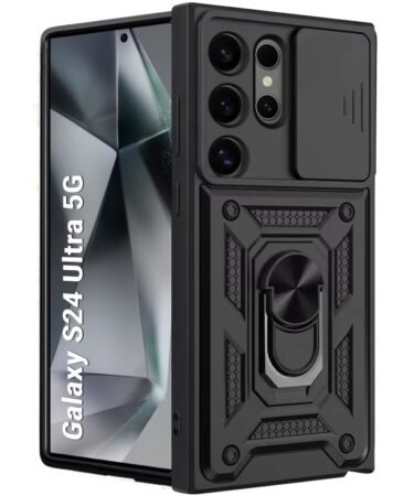 TheGiftKart Tough Armor Bumper Back Cover Case for Samsung Galaxy S24 Ultra 5G | Sliding Camera Cover, KickStand & Ring Holder | 360 Degree Protection Back Case for Samsung S24 Ultra (PC & TPU, Black)