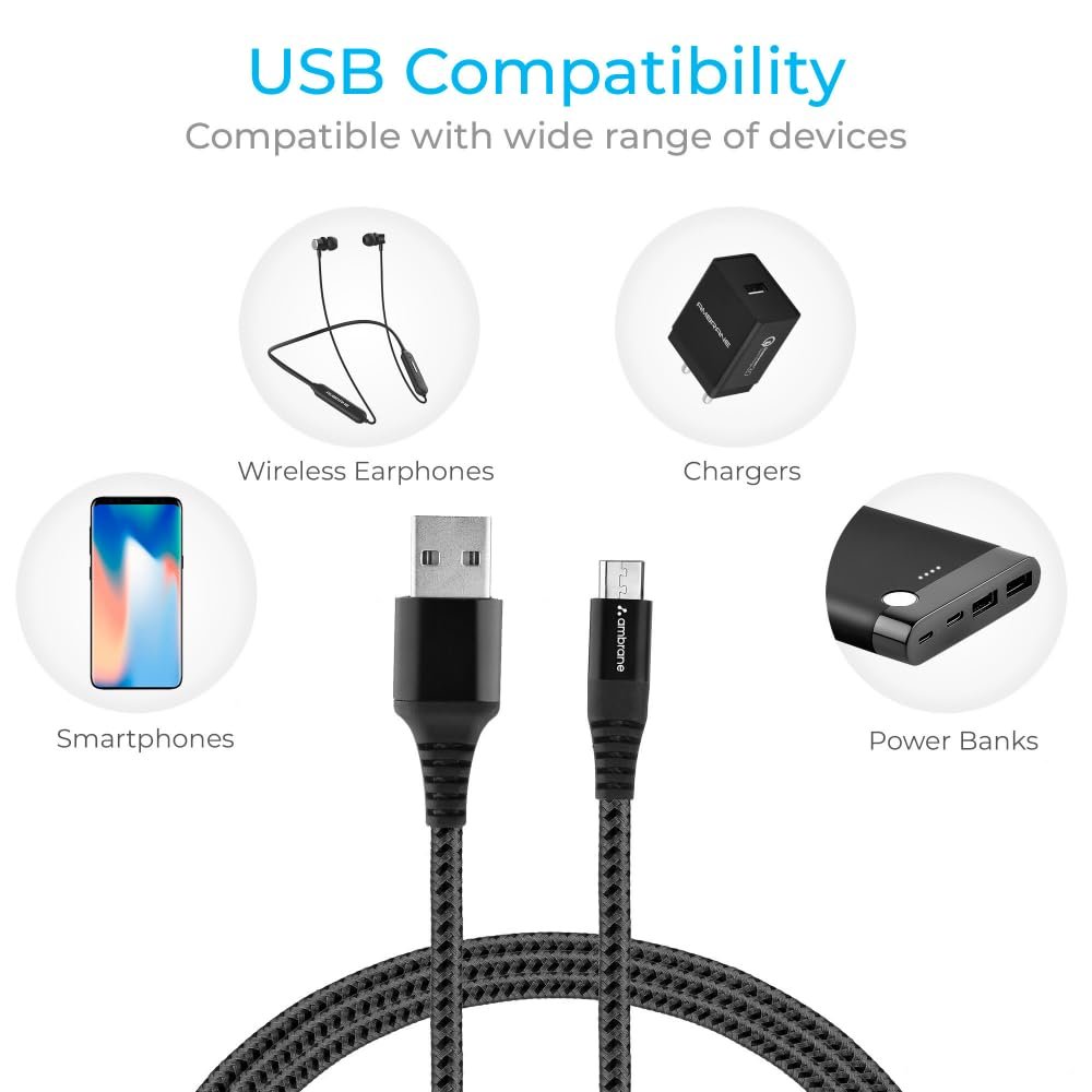 Ambrane Micro USB Cable 3A Fast Charging 1M Braided Cable for Smartphones, Tablets, Laptops & other Micro USB devices, 480Mbps Data Sync, Quick Charge 3.0 (RCM 10, Black) - Image 5