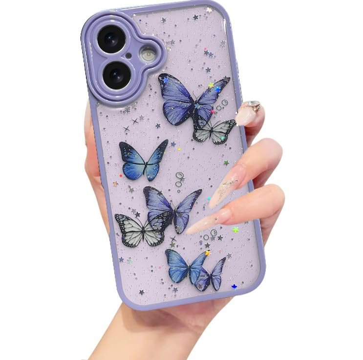 VONZEE for iPhone 16 Clear Glitter Butterfly Case, Cute Bling Sparkle Shiny Soft TPU Bumper Shockproof Women Girls Slim Protective Phone Cover for iPhone 16 6.1",Purple - Image 2