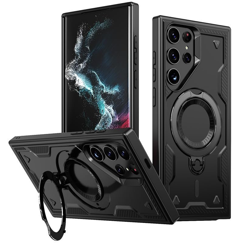 Glaslux Bumper Shockpoof Case Compatible with Samsung Galaxy S22 Ultra, Magnetic Attraction Ring Holder Phone Cover and 360° Protection Rotate Stand Case Cover for Samsung Galaxy S22 Ultra - Black