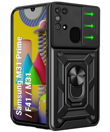 TheGiftKart Tough Armor Bumper Back Cover Case for Samsung Galaxy M31 / F41 / M31 Prime | Ring Holder & Kickstand in-Built | 360 Degree Protection Back Case (PC & TPU, Sliding Camera Cover, Black)