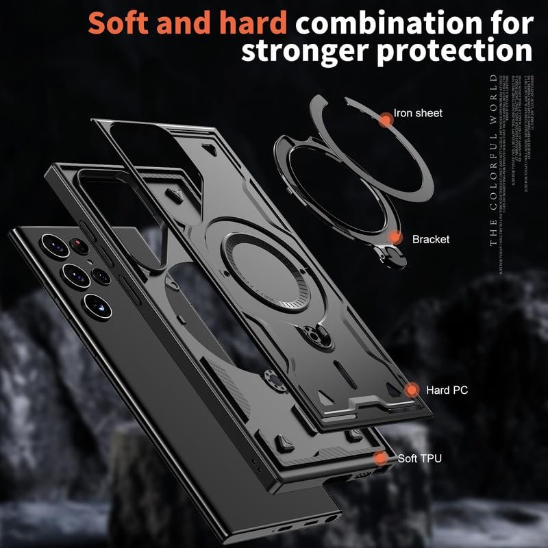 Glaslux Bumper Shockpoof Case Compatible with Samsung Galaxy S22 Ultra, Magnetic Attraction Ring Holder Phone Cover and 360° Protection Rotate Stand Case Cover for Samsung Galaxy S22 Ultra - Black - Image 3