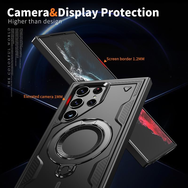 Glaslux Bumper Shockpoof Case Compatible with Samsung Galaxy S22 Ultra, Magnetic Attraction Ring Holder Phone Cover and 360° Protection Rotate Stand Case Cover for Samsung Galaxy S22 Ultra - Black - Image 7