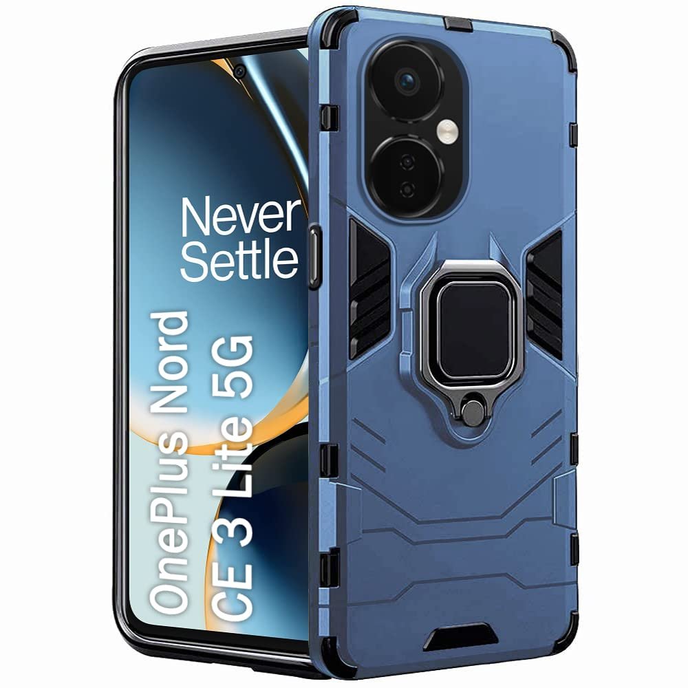 TheGiftKart TPU+PC Tough Armor Bumper Back Case Cover For Oneplus Nord Ce 3 Lite 5G, Ring Holder & Kickstand In-Built, 360 Degree Protection Back Case Cover (Greyish Blue)