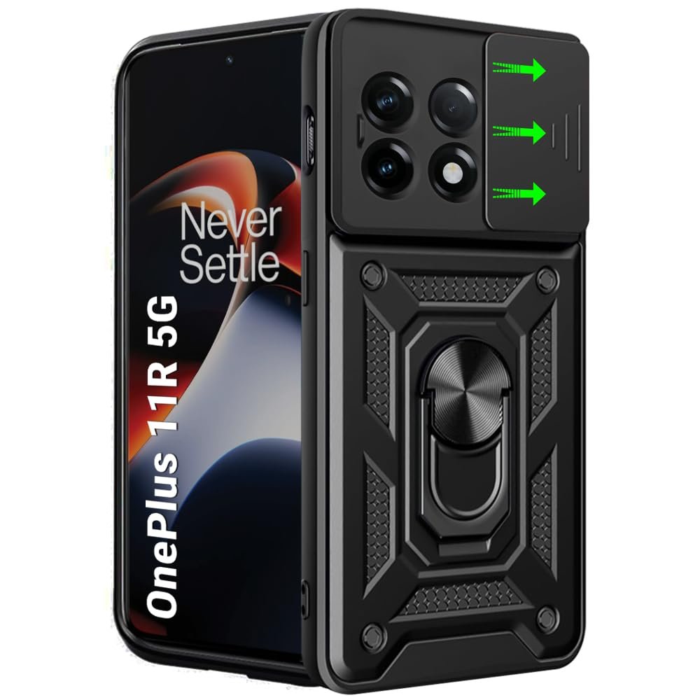 TheGiftKart Tough Armor Bumper Back Cover Case for OnePlus 11R 5G | Ring Holder & Kickstand in-Built | 360 Degree Protection Back Case Cover for OnePlus 11R 5G (PC & TPU, Sliding Camera Cover, Black)