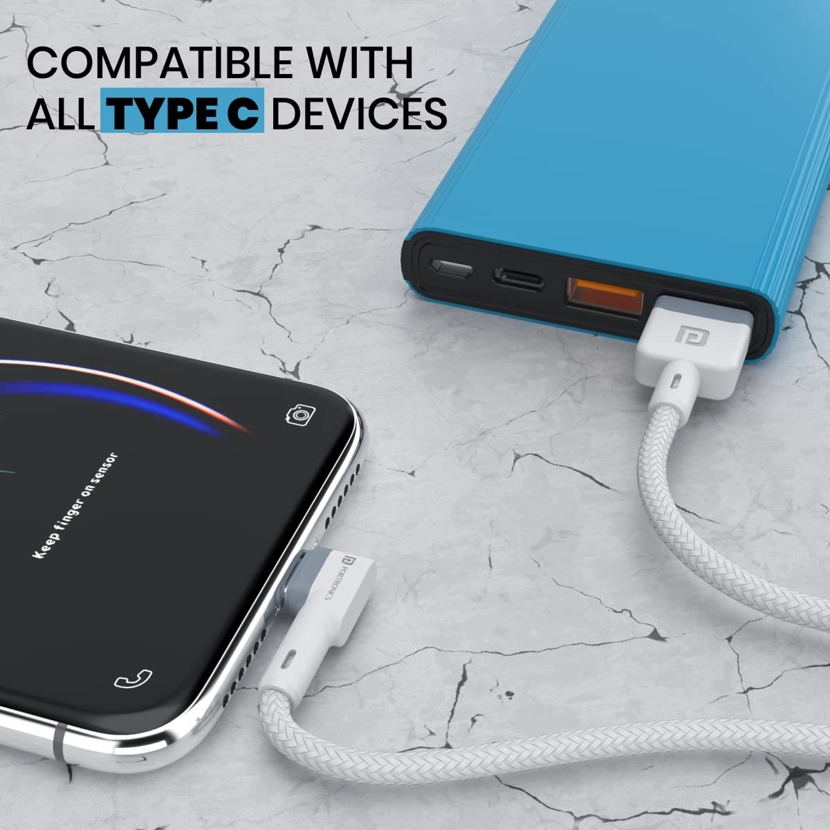 Portronics Konnect L POR-1403 Fast Charging 3A Type-C Cable 1.2 Meter with Charge & Sync Function for All Type-C Devices (White) - Image 3