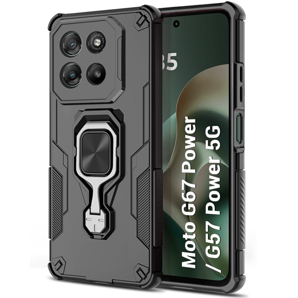 TheGiftKart Tough Armor Bumper Back Case Cover for Motorola Moto G67 Power / G57 Power 5G | Ring Holder & Kickstand in-Built | 360 Degree Protection Back Cover for Moto G67 Power 5G (PC & TPU, Black)