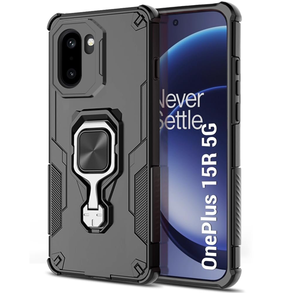 TheGiftKart Tough Armor Bumper Back Case Cover for OnePlus 15R 5G | Ring Holder & Kickstand in-Built | 360 Degree Protection Back Case Cover for OnePlus 15R 5G (PC & TPU, Black)