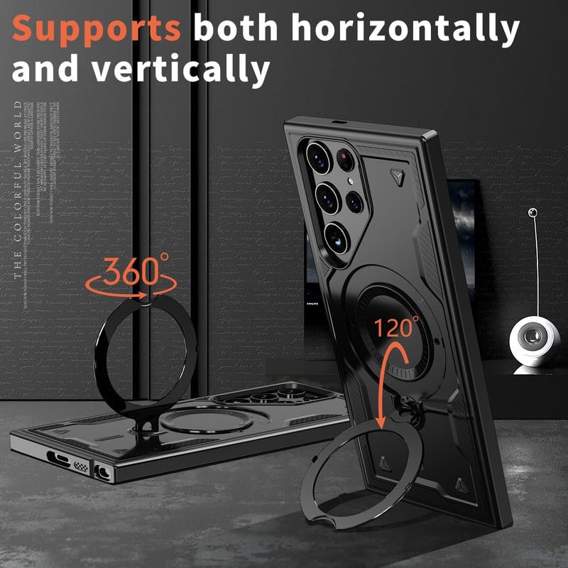 Glaslux Bumper Shockpoof Case Compatible with Samsung Galaxy S22 Ultra, Magnetic Attraction Ring Holder Phone Cover and 360° Protection Rotate Stand Case Cover for Samsung Galaxy S22 Ultra - Black - Image 4