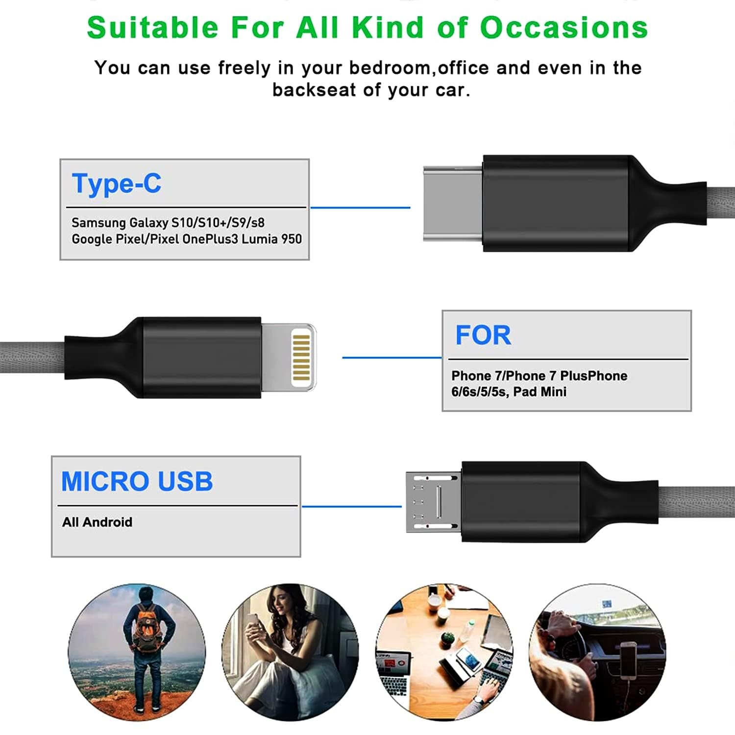 BESTOR® 3-in-1 Multi Charging Cable – Nylon Braided Fast Charging Cable for Android, iOS, Type-C Devices – Compatible with Smartphones & Tablets (Black) - Image 4