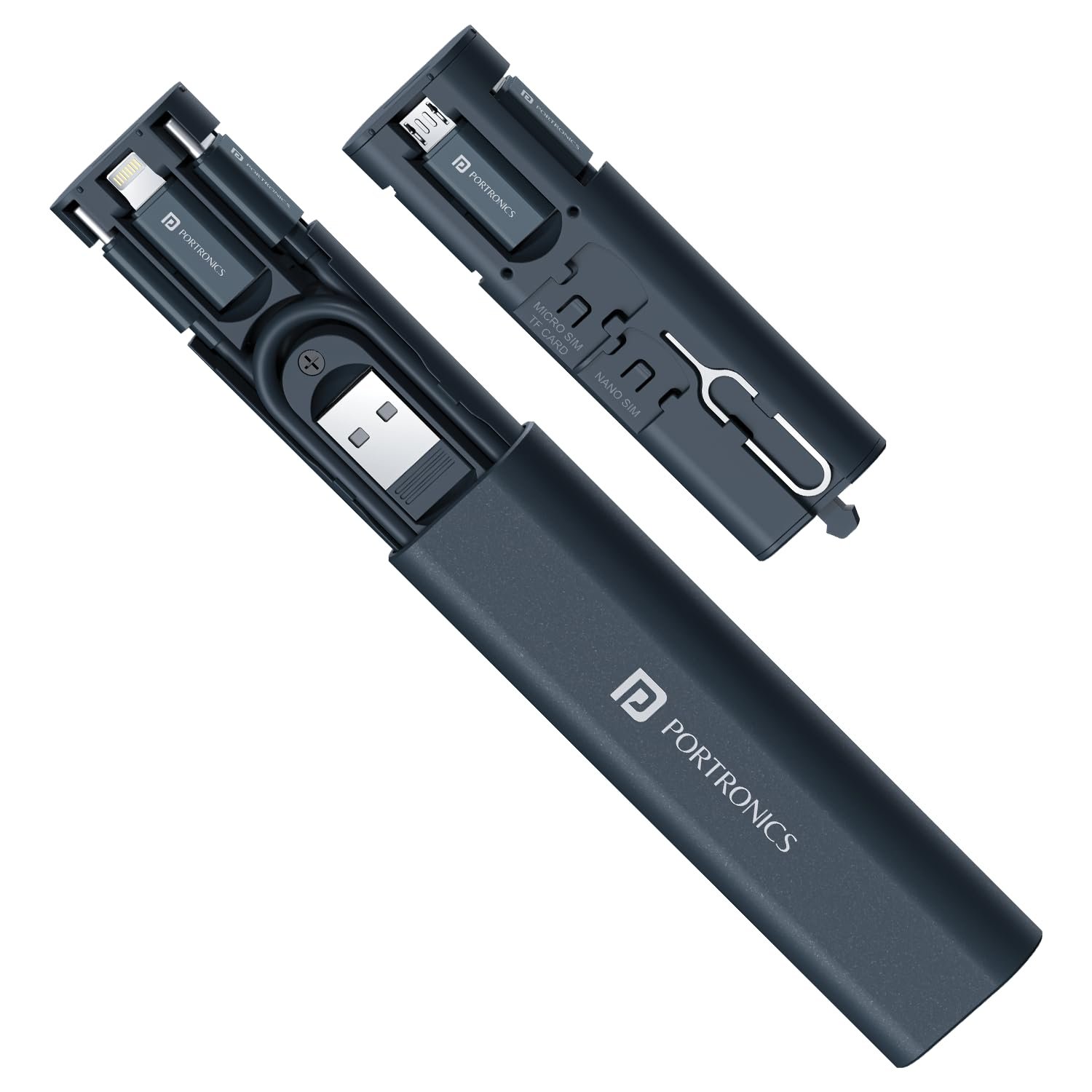 Portronics Snapcase 3 60W Multifunctional Fast Charging Data Cable Kit, Conversion Set USB A & Type C to Male Micro/Type C/Lightning, Data Transfer, Sim Storage, Sim Eject Pin, Pocket Size(Blue)