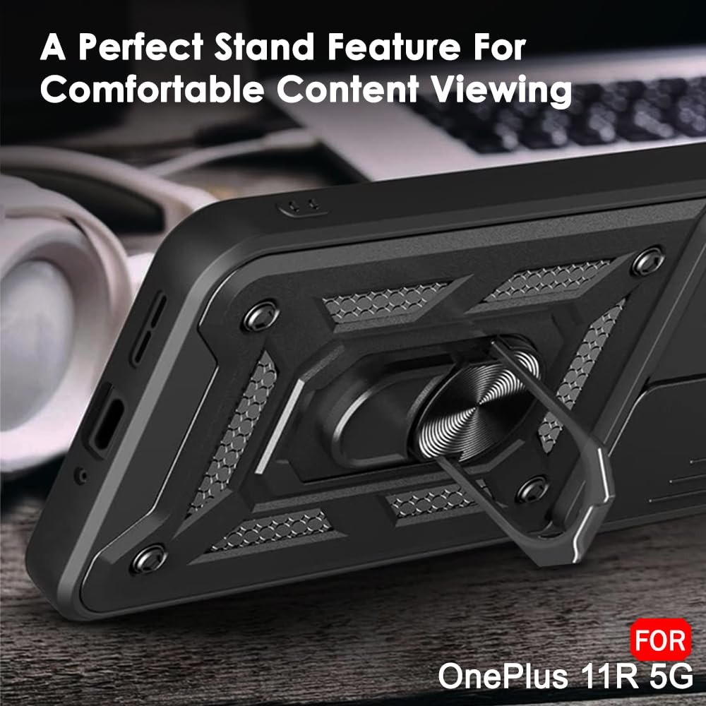 TheGiftKart Tough Armor Bumper Back Cover Case for OnePlus 11R 5G | Ring Holder & Kickstand in-Built | 360 Degree Protection Back Case Cover for OnePlus 11R 5G (PC & TPU, Sliding Camera Cover, Black) - Image 5