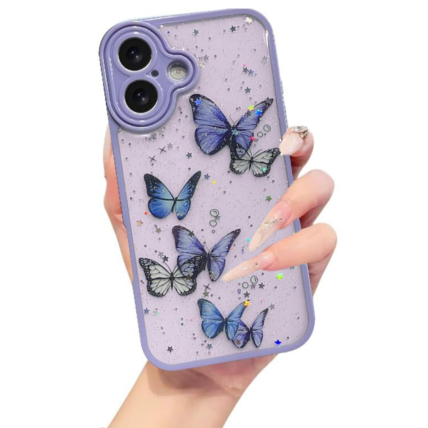 VONZEE for iPhone 16 Clear Glitter Butterfly Case, Cute Bling Sparkle Shiny Soft TPU Bumper Shockproof Women Girls Slim Protective Phone Cover for iPhone 16 6.1",Purple