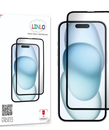 LINLO Tempered Glass Screen Protector for iPhone 15 / iPhone 16 Edge-to-Edge Full Coverage Case Friendly, Anti Scratch and Bubble free Installation Kit - Black