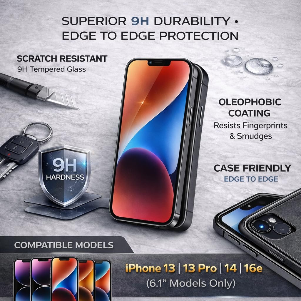 SupCares Tempered Glass for iPhone 13, 13 Pro, 14 and iPhone 16e (6.1 Inch) With Installation Kit | Military-Grade Gorilla Screen Protector | Edge to Edge Coverage | Black - Image 6