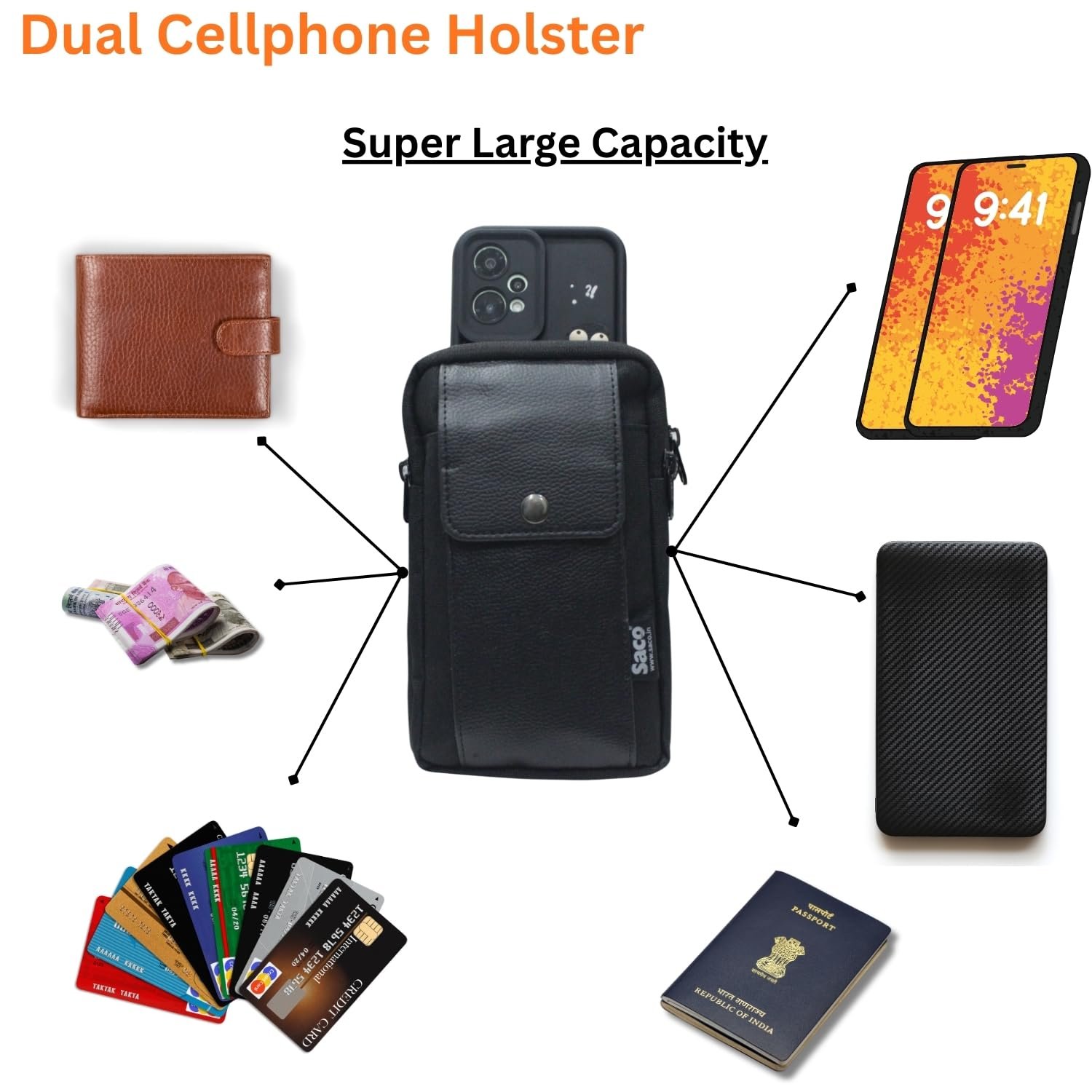 Saco Rugged Nylon Mobile Pouch for Men – Dual Phone Holster with 2 Zipper Pockets & Snap Button, Belt Loop & Clip, Smartphone Belt Case up to 6.8 Inch | Crossbody & Sling Bag for Men & Women - Image 4