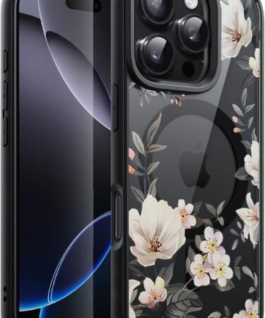 VONZEE Compatible with iPhone 15 Pro Max Case Luxury Retro Flowers Floral Clear for Magnetic Wireless Charging Case Shockproof Case PC+TPU Cute Glossy Shiny Cover for Girls Women, 6.7'' Black