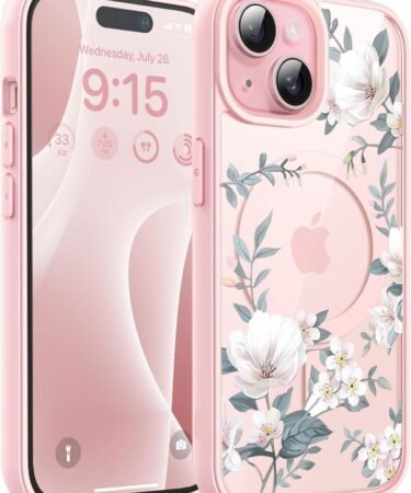 VONZEE Compatible with iPhone 15 Case Luxury Retro Flowers Floral Clear for Magnetic Wireless Charging Case Shockproof Case PC+TPU Cute Glossy Shiny Cover for Girls Women, 6.1'' Pink
